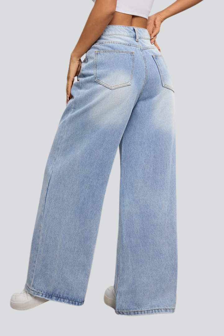Dame Vidt benskåret Jeans med knap Lukning og Forlommer