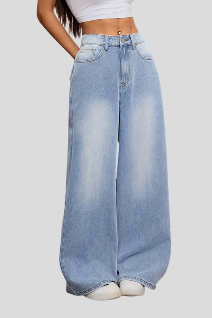 Dame Vidt benskåret Jeans med knap Lukning og Forlommer