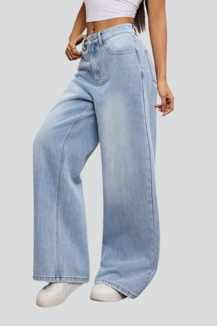 Dame Vidt benskåret Jeans med knap Lukning og Forlommer