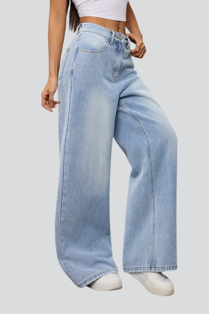 Dame Vidt benskåret Jeans med knap Lukning og Forlommer