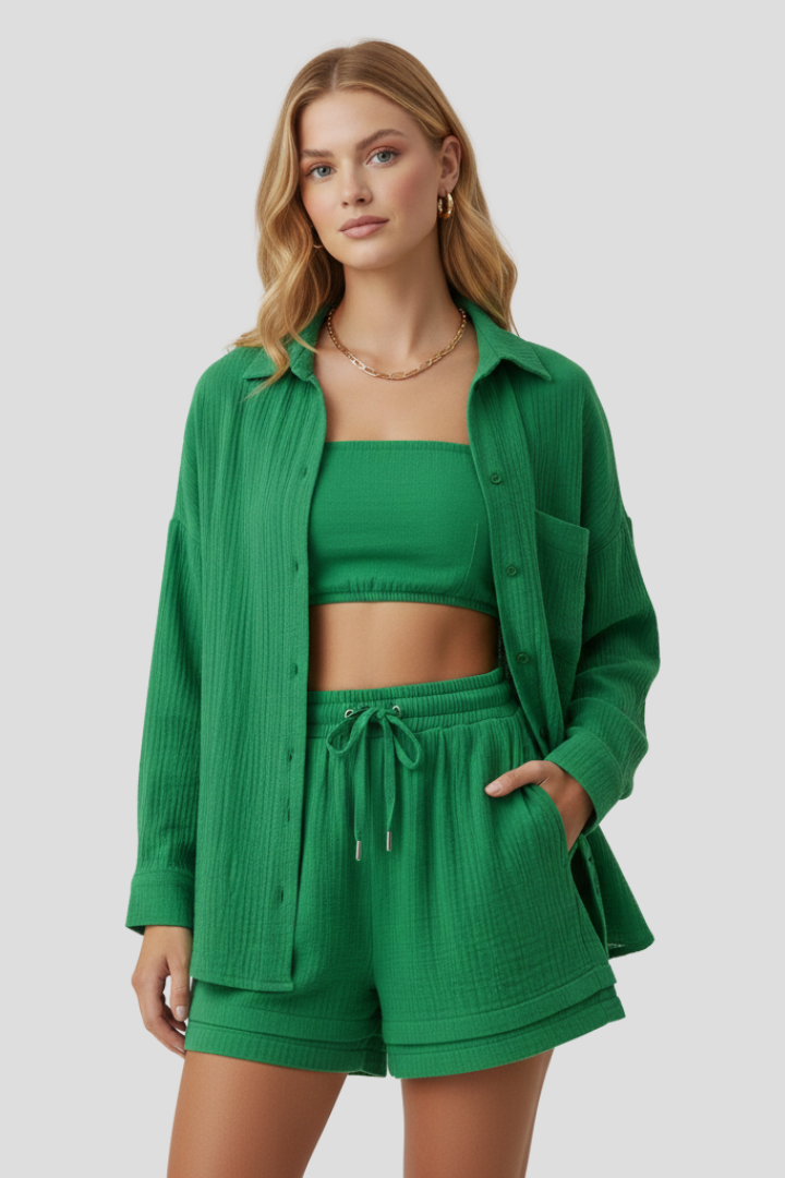 Dame todelt sæt med oversized bluse og muslin-shorts