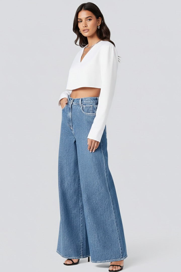 Dame Vidt benskåret Jeans med knap Lukning og Højtaljet