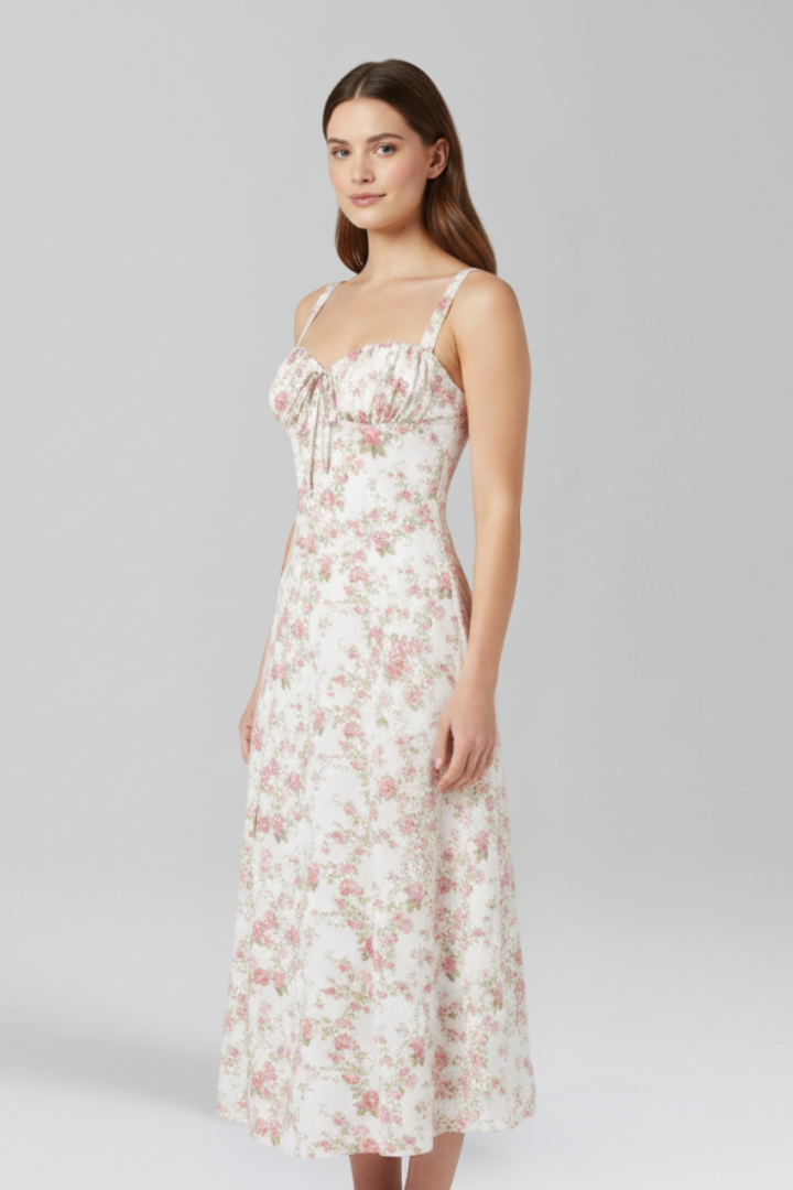 Midi Dress with Shoulder Straps and Patterned Skirt