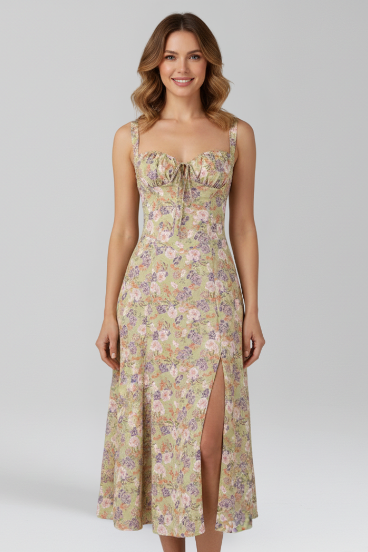 Midi Dress with Shoulder Straps and Patterned Skirt