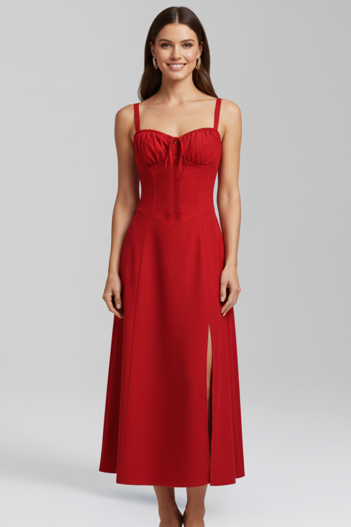 Midi Dress with Shoulder Straps and Patterned Skirt
