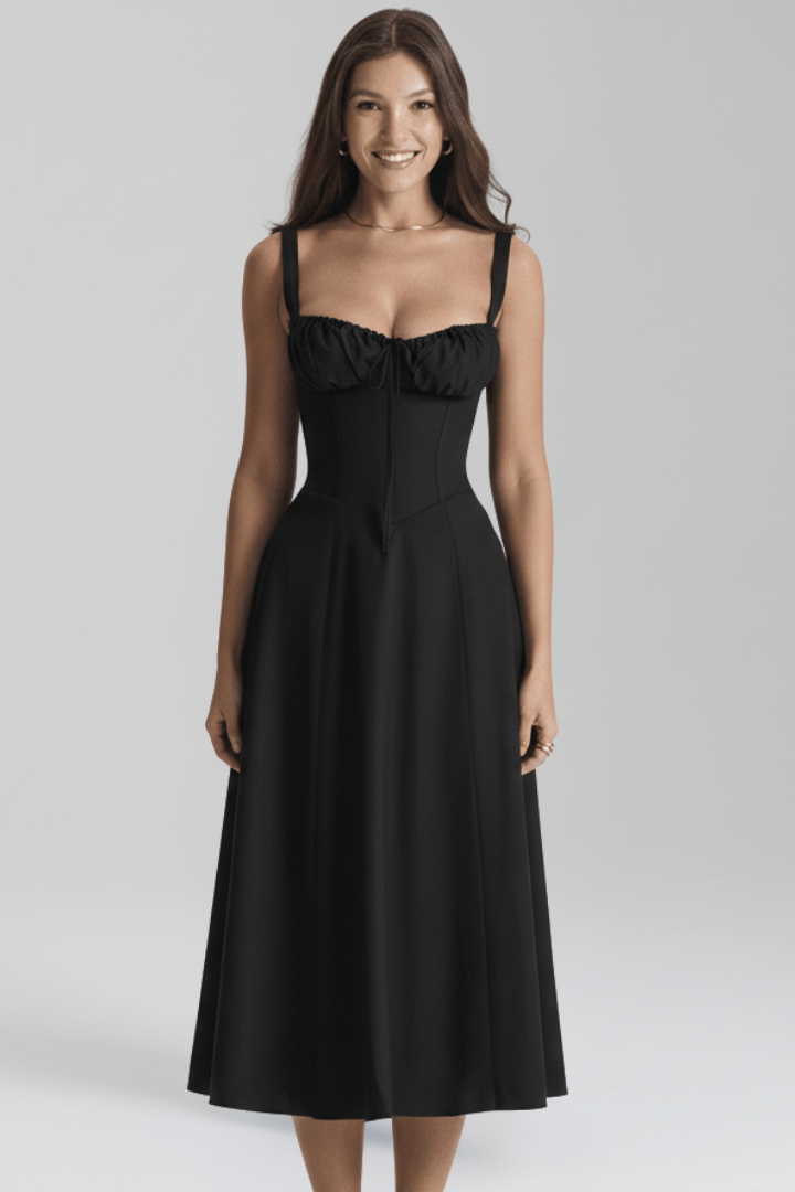 Midi Dress with Shoulder Straps and Patterned Skirt