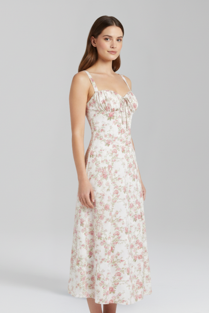 Midi Dress with Shoulder Straps and Patterned Skirt