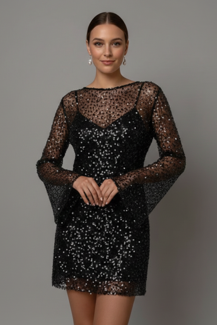 Mini Dress with Mesh Overlay and Sleeveless Underlayer