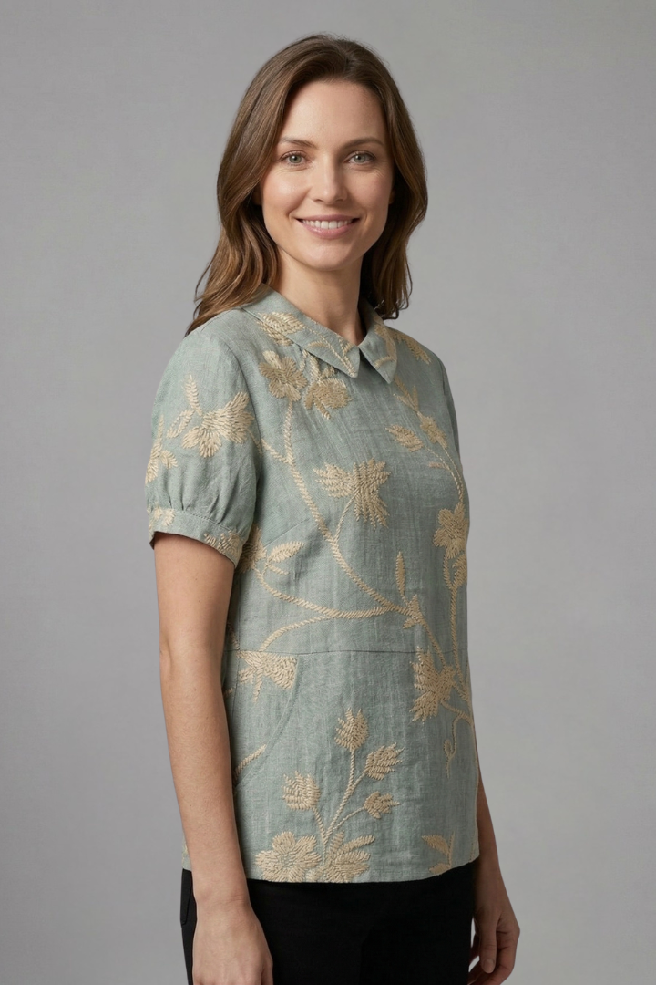 Dame Bluse med Notch Hals og Blomstret print