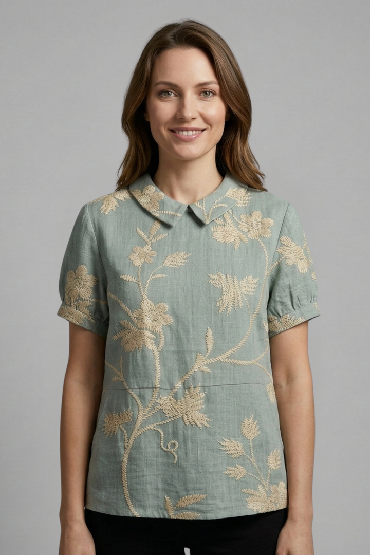 Dame Bluse med Notch Hals og Blomstret print