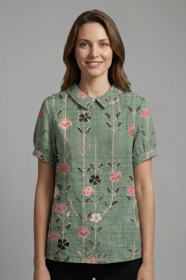 Dame Bluse med Notch Hals og Blomstret print