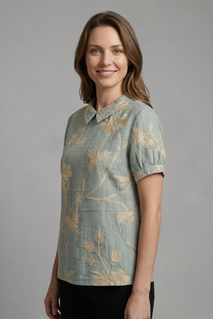 Dame Bluse med Notch Hals og Blomstret print