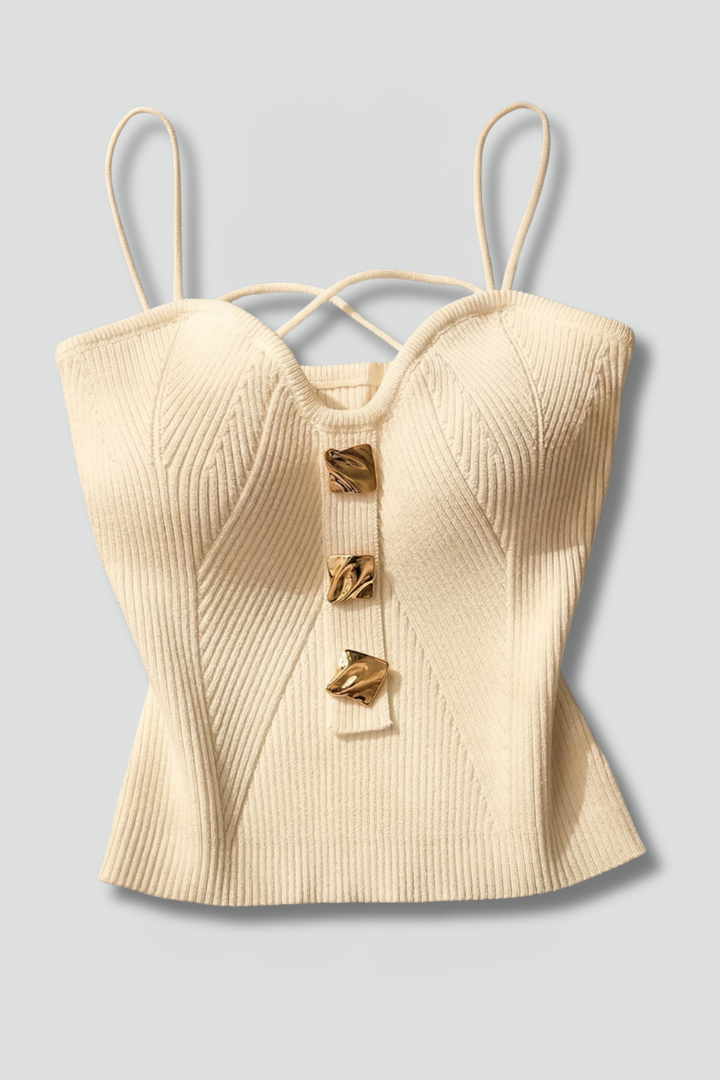 Dame Camisole Top med Ribbet Knit og Knappet front