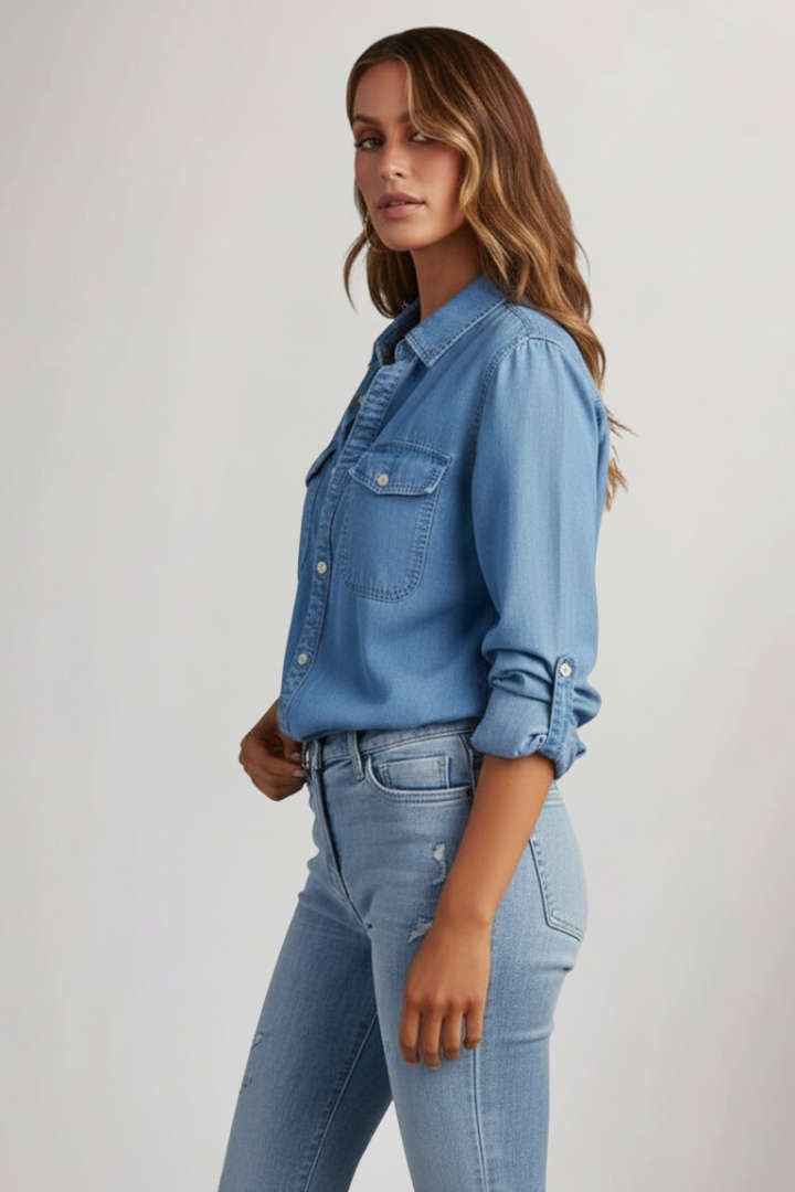 Dame denimskjorte med knapper foran og lange ærmer