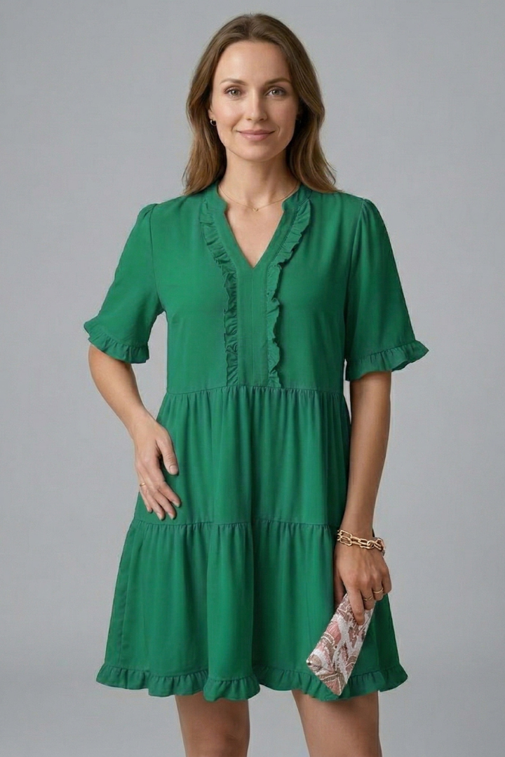 Damekjole med V Neck og Flæse Detalje