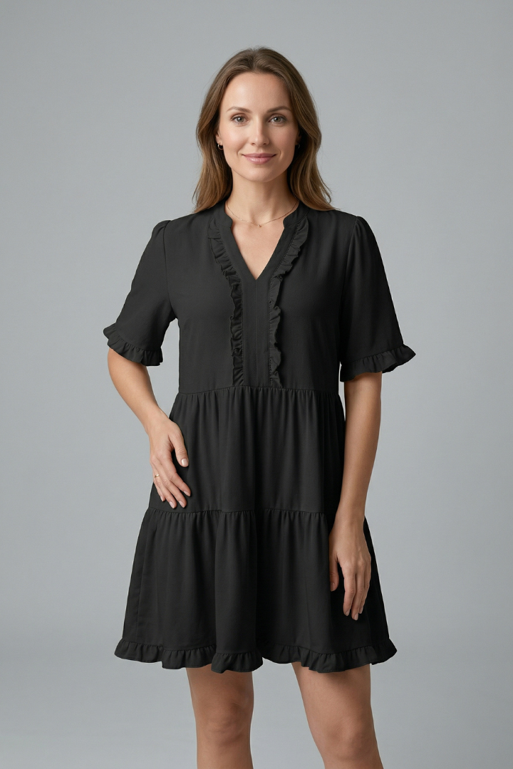 Damekjole med V Neck og Flæse Detalje