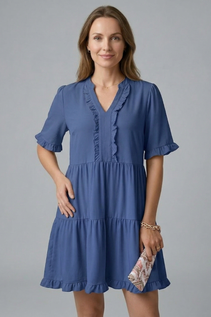 Damekjole med V Neck og Flæse Detalje