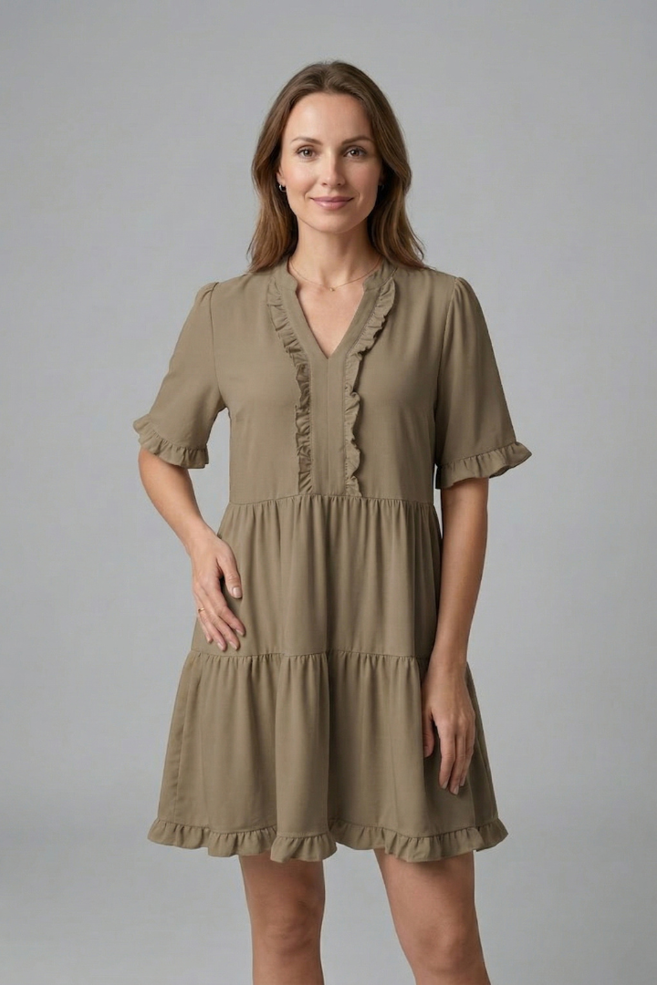 Damekjole med V Neck og Flæse Detalje