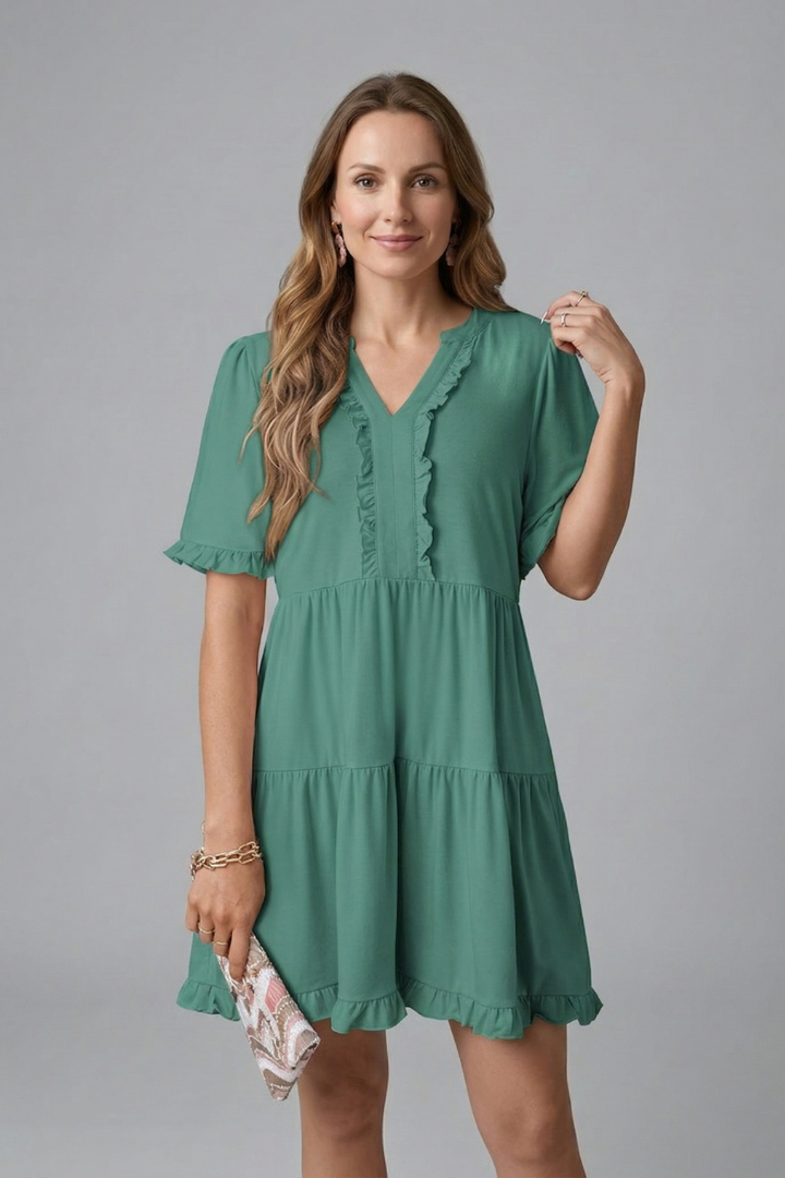 Damekjole med V Neck og Flæse Detalje