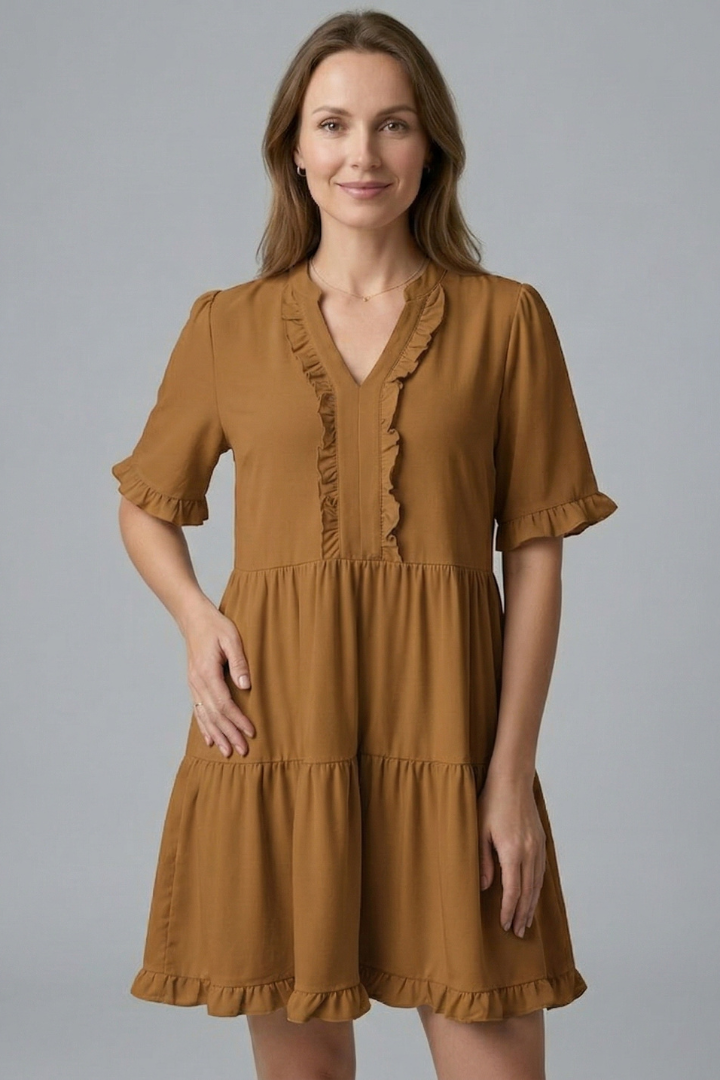 Damekjole med V Neck og Flæse Detalje