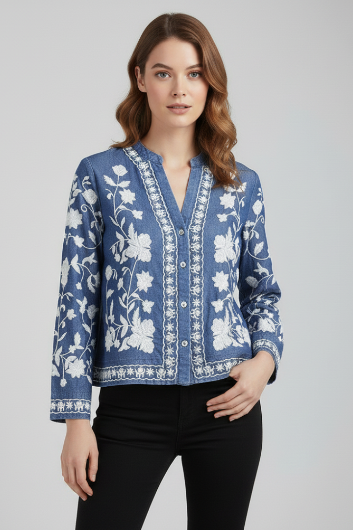 Dame Broderet Bluse med Floral Pattern og Lange ærmer