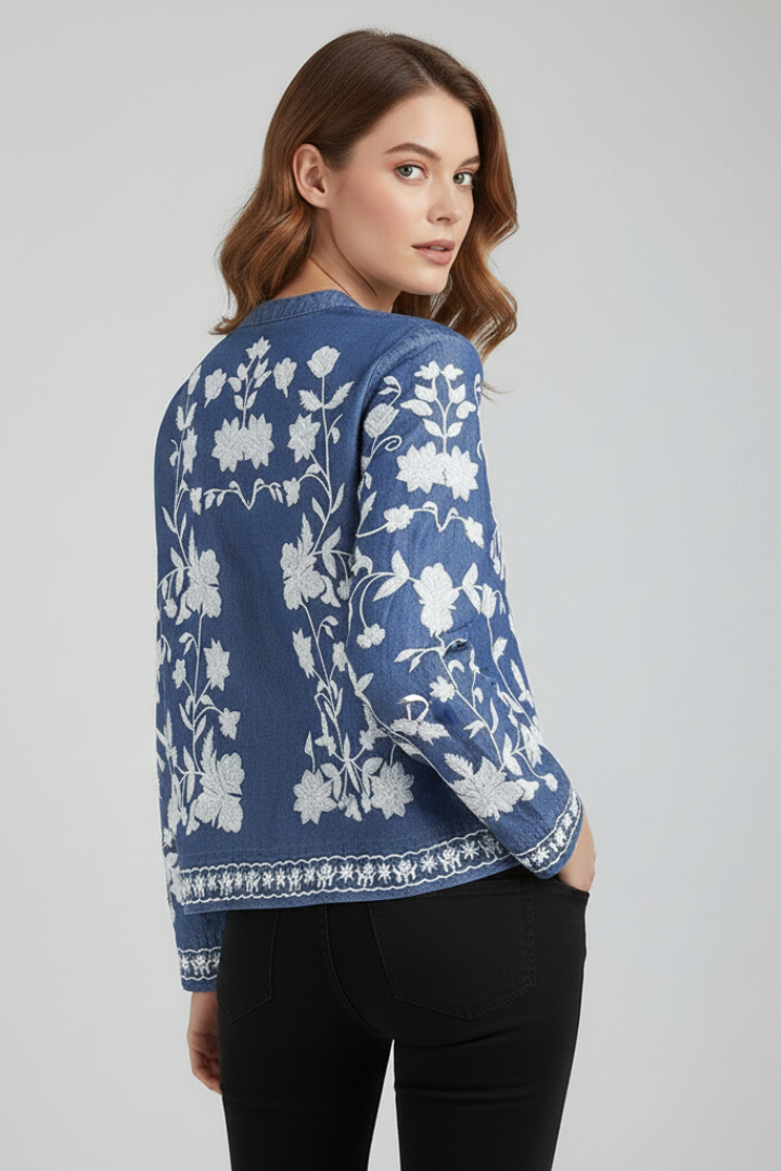 Dame Broderet Bluse med Floral Pattern og Lange ærmer