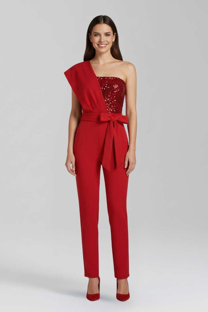 Damejumpsuit med Enkelt skulder Udskæring og Tied Talje