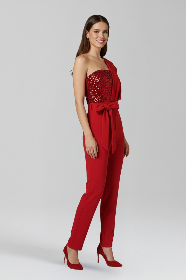 Damejumpsuit med Enkelt skulder Udskæring og Tied Talje