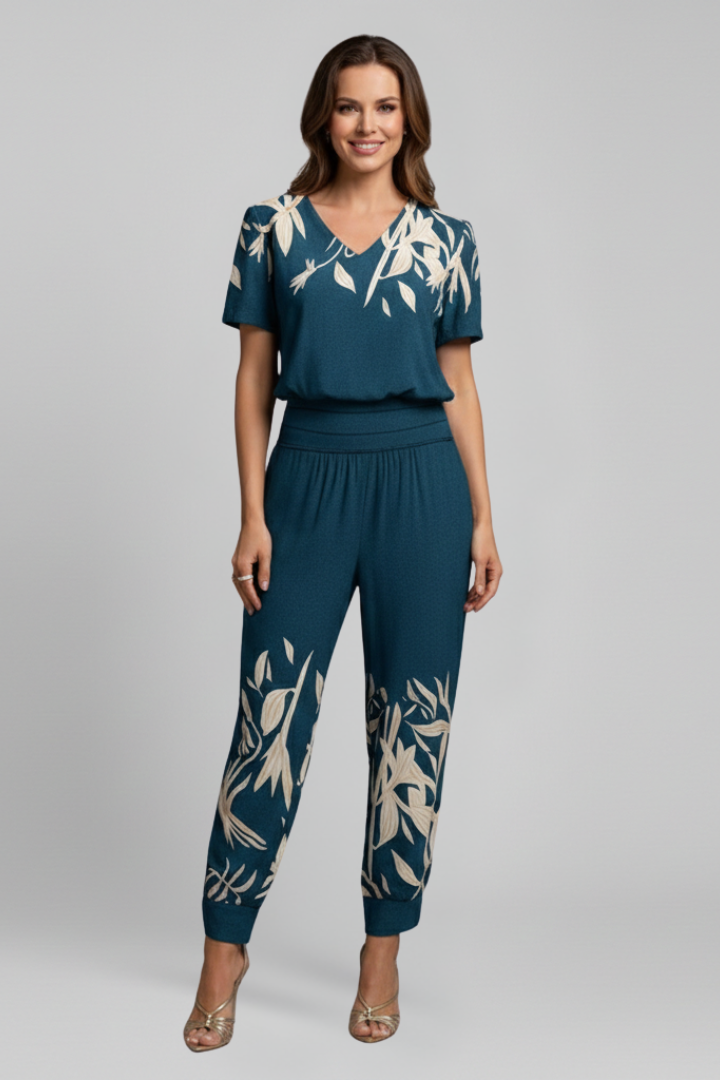 Damejumpsuit med V Udskæring og Elastik i taljen