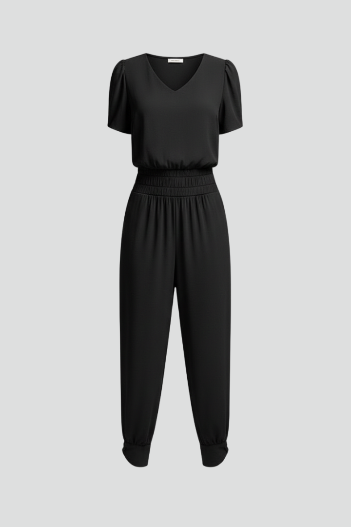 Damejumpsuit med V Udskæring og Elastik i taljen