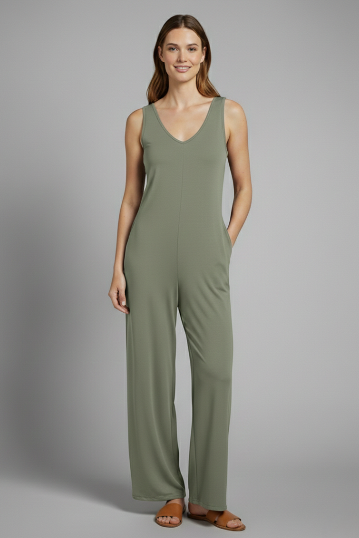 Dame jumpsuit med V-udskæring og ærmeløst snit