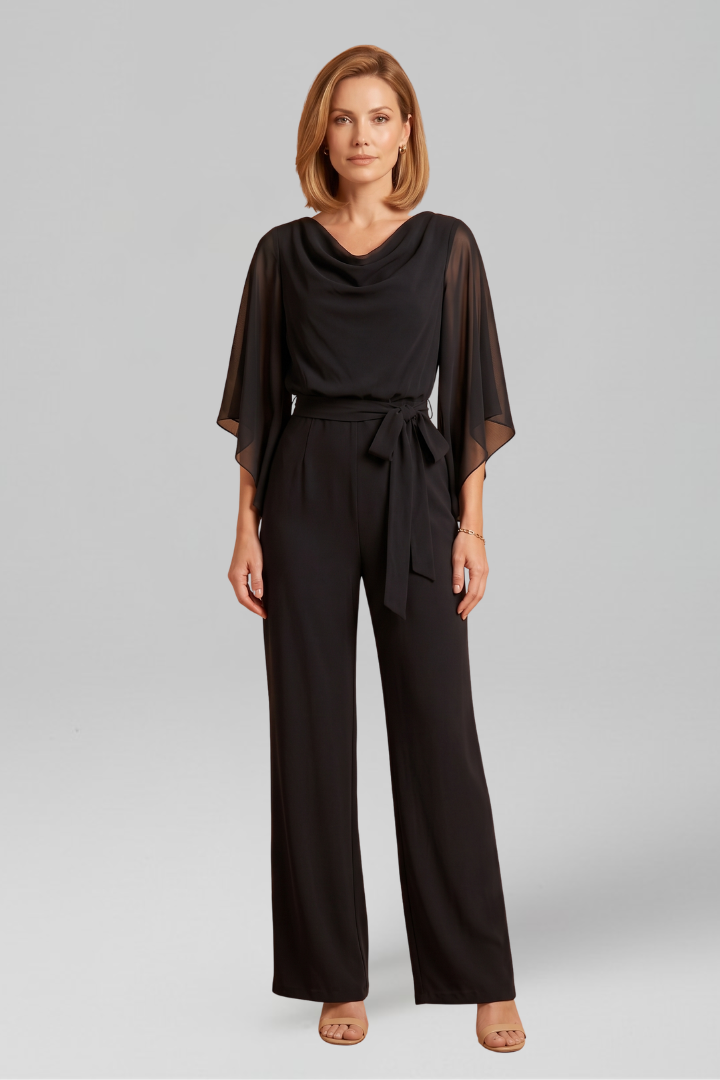 Dame jumpsuit med V-udskæring og bindebånd i taljen
