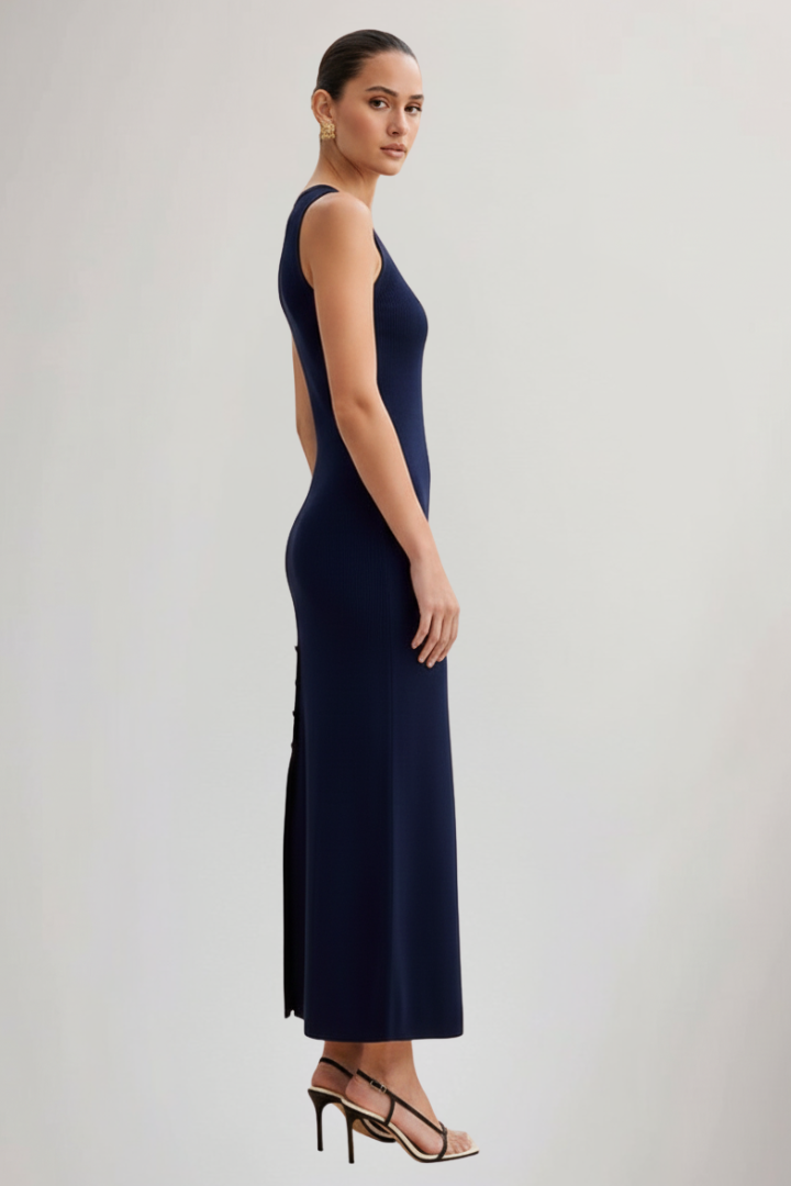 Dame Knit Maxikjole med Ærmeløs Cut og Front Knapper