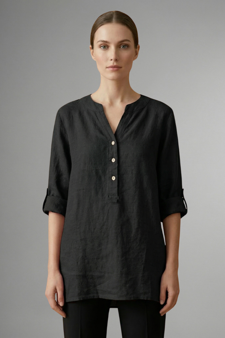 Dame hørbluse med knaplukning og oprullede ærmer