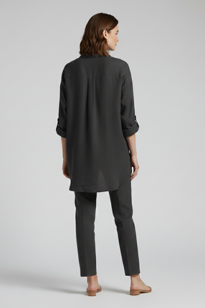Dame Long Bluse med Knaplukning og Afslappet Form