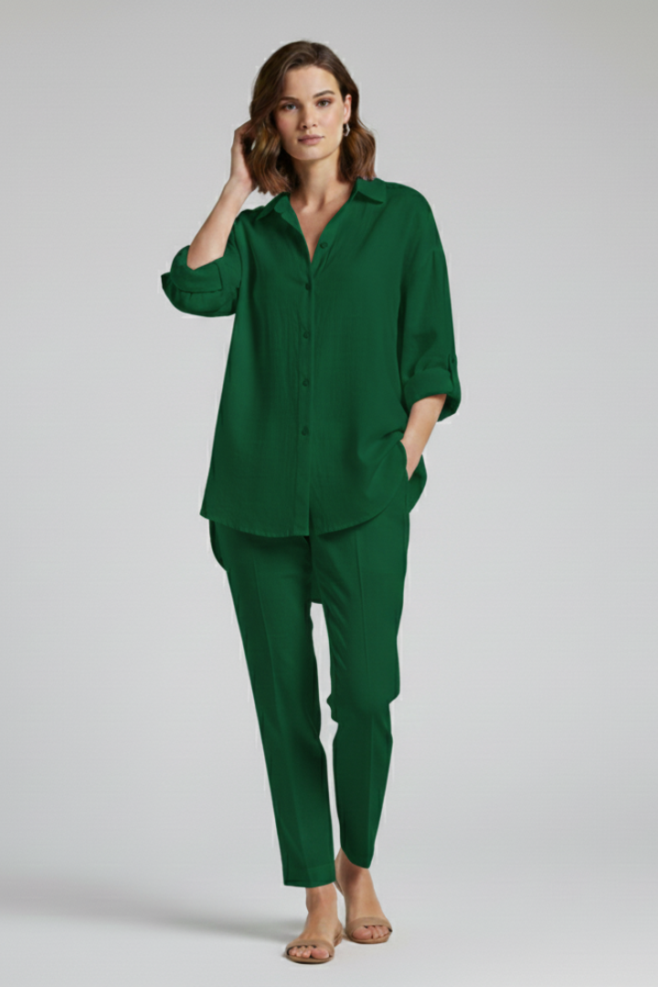 Dame Long Bluse med Knaplukning og Afslappet Form