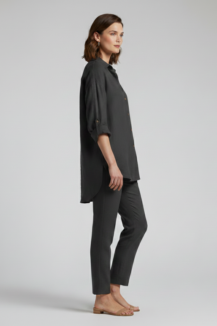 Dame Long Bluse med Knaplukning og Afslappet Form