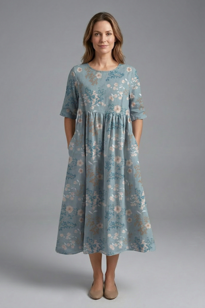 Women’s Midi Dress with Round Neck and Floral Print