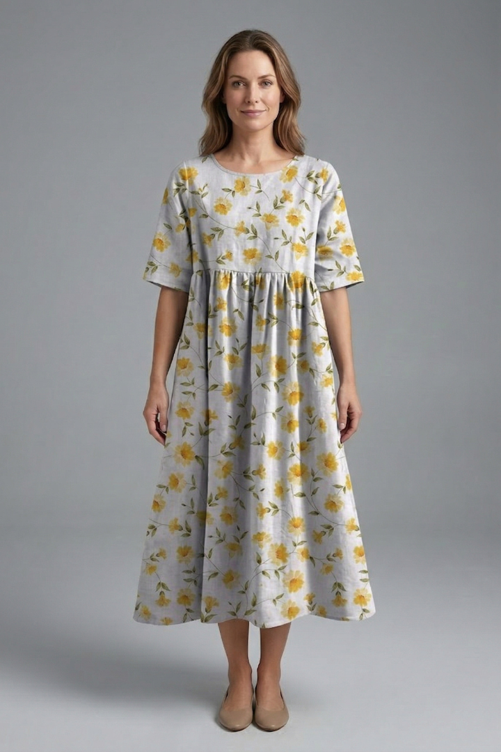Women’s Midi Dress with Round Neck and Floral Print