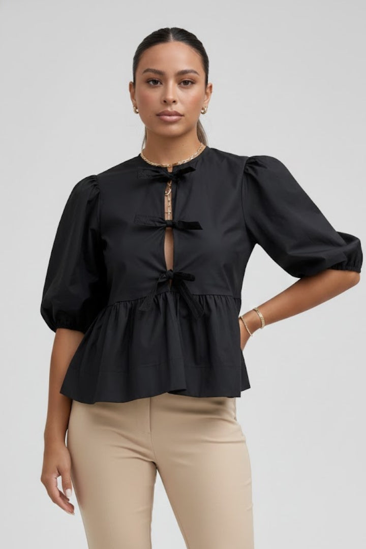 Dame Peplum Bluse med Pufærmer