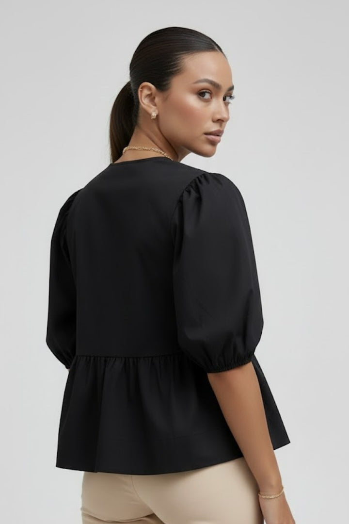 Dame Peplum Bluse med Pufærmer