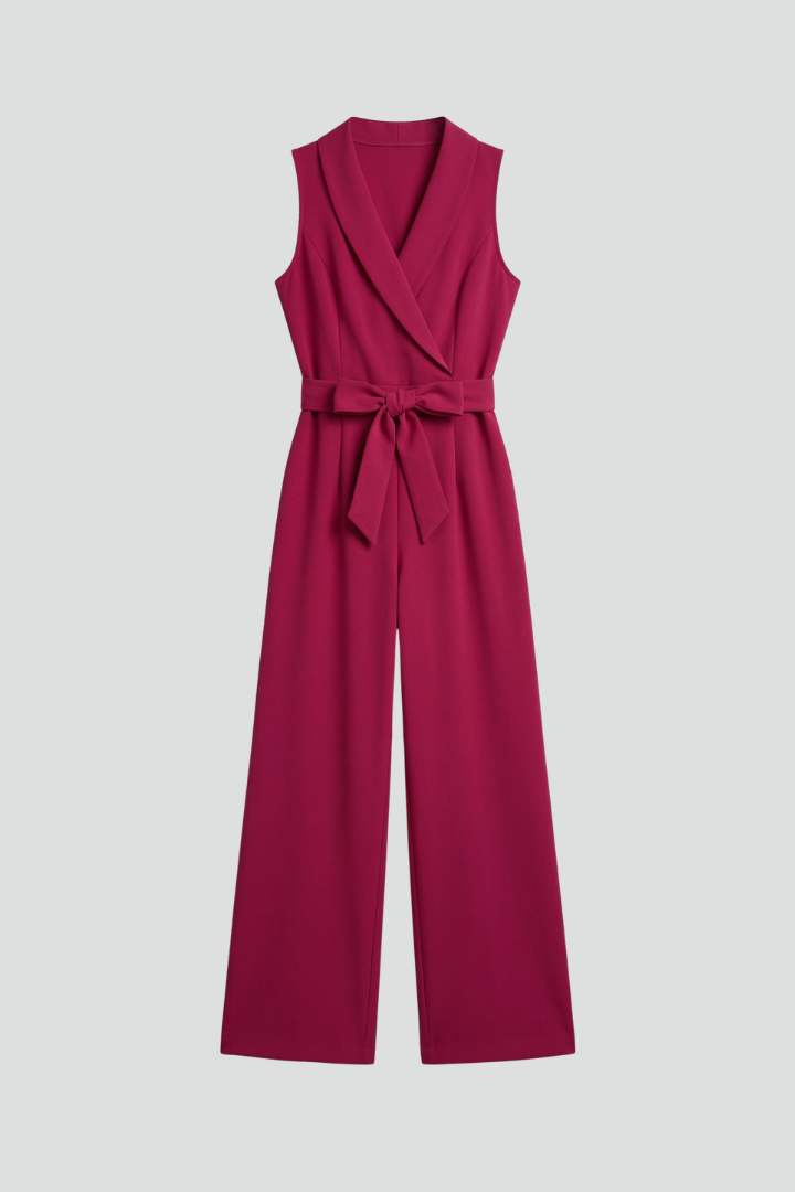 Dame ærmeløs jumpsuit med V-udskæring og bindebånd i taljen