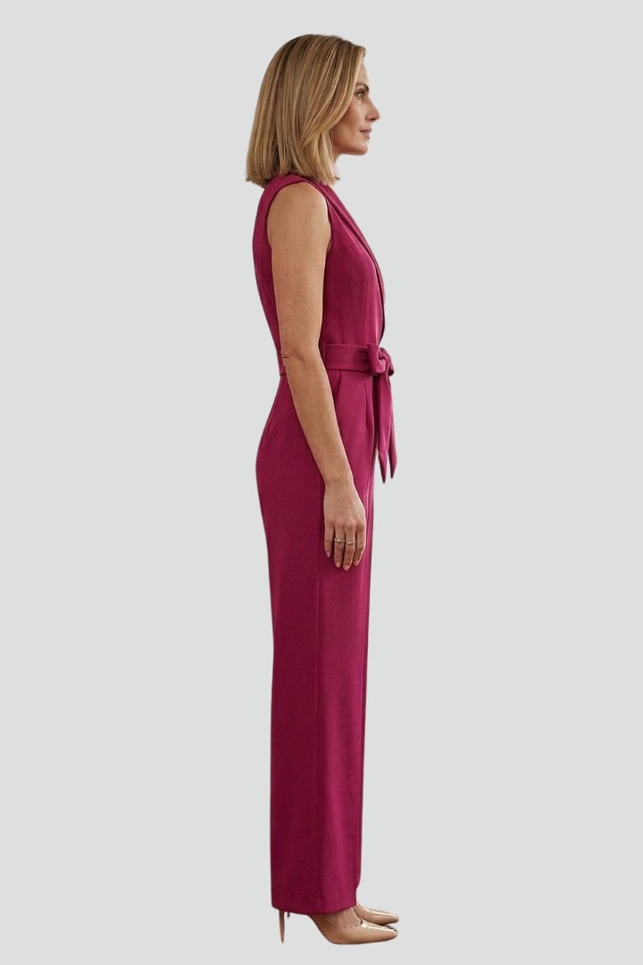 Dame ærmeløs jumpsuit med V-udskæring og bindebånd i taljen