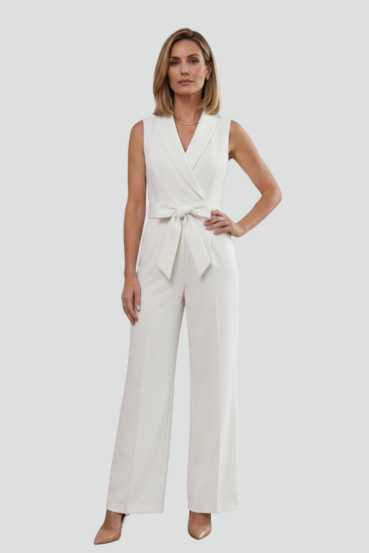 Dame ærmeløs jumpsuit med V-udskæring og bindebånd i taljen