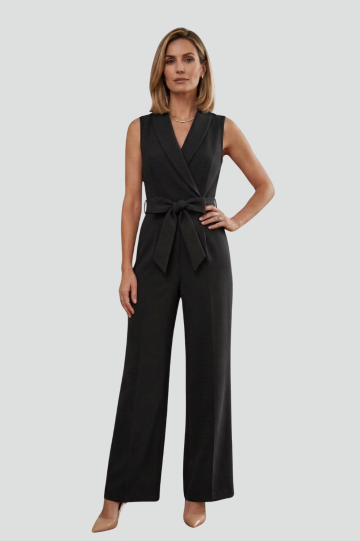 Dame ærmeløs jumpsuit med V-udskæring og bindebånd i taljen
