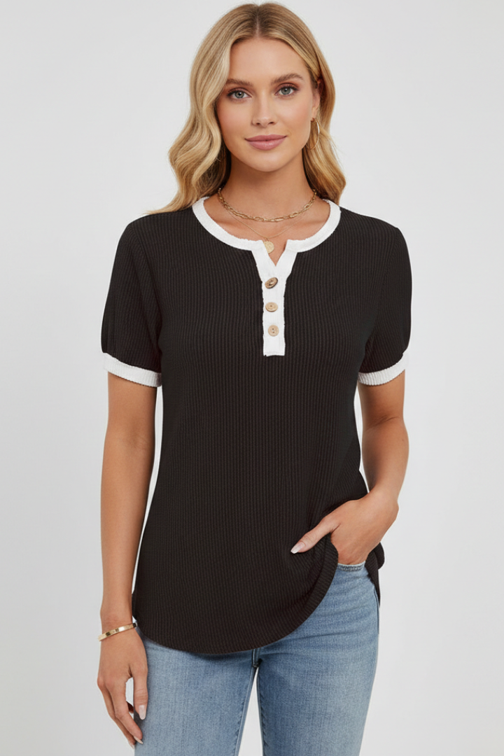 Dame T-Skjorte med Henley Halsudskæring og knap Placket