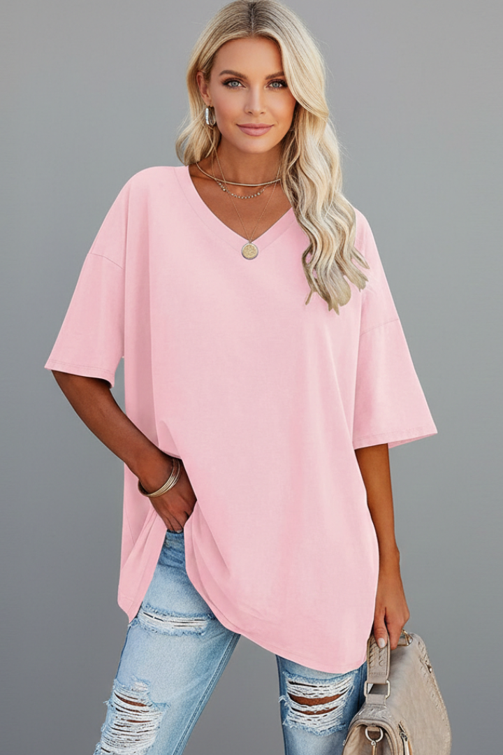 Dame T-shirt med V-udskæring og korte ærmer