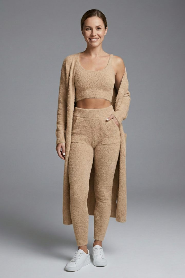 Dame tredelt sæt med croptop og åben cardigan