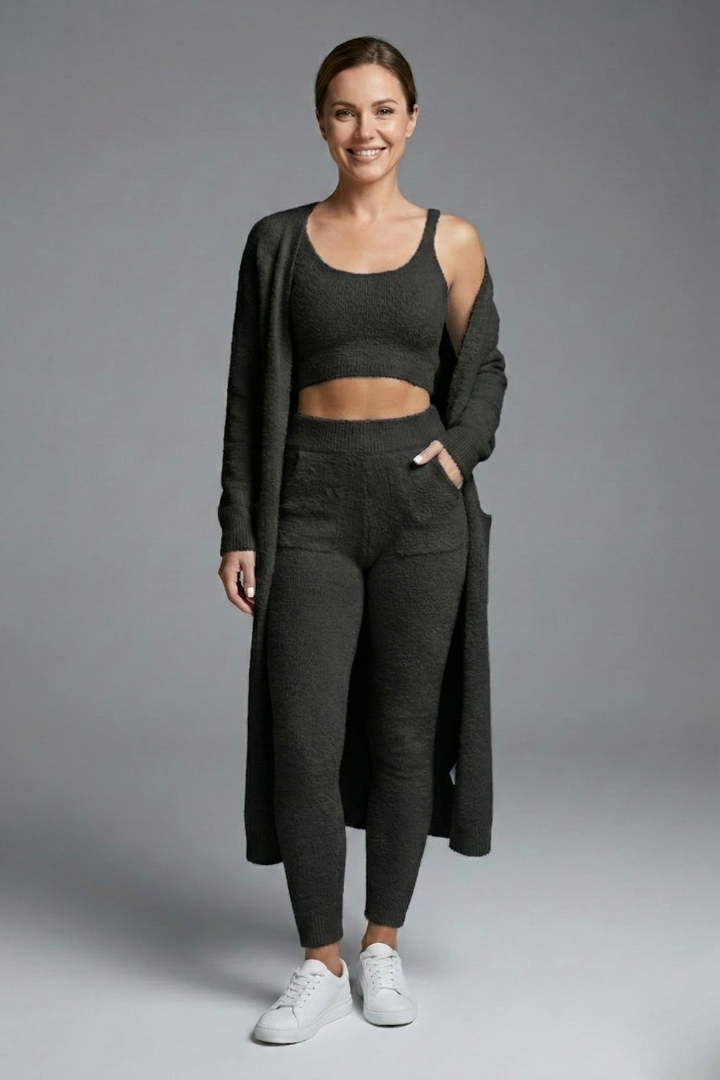 Dame tredelt sæt med croptop og åben cardigan