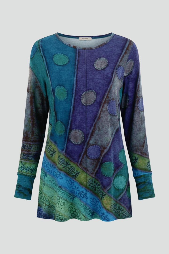 Dame tunika top med patchwork-mønster og ribmanchetter